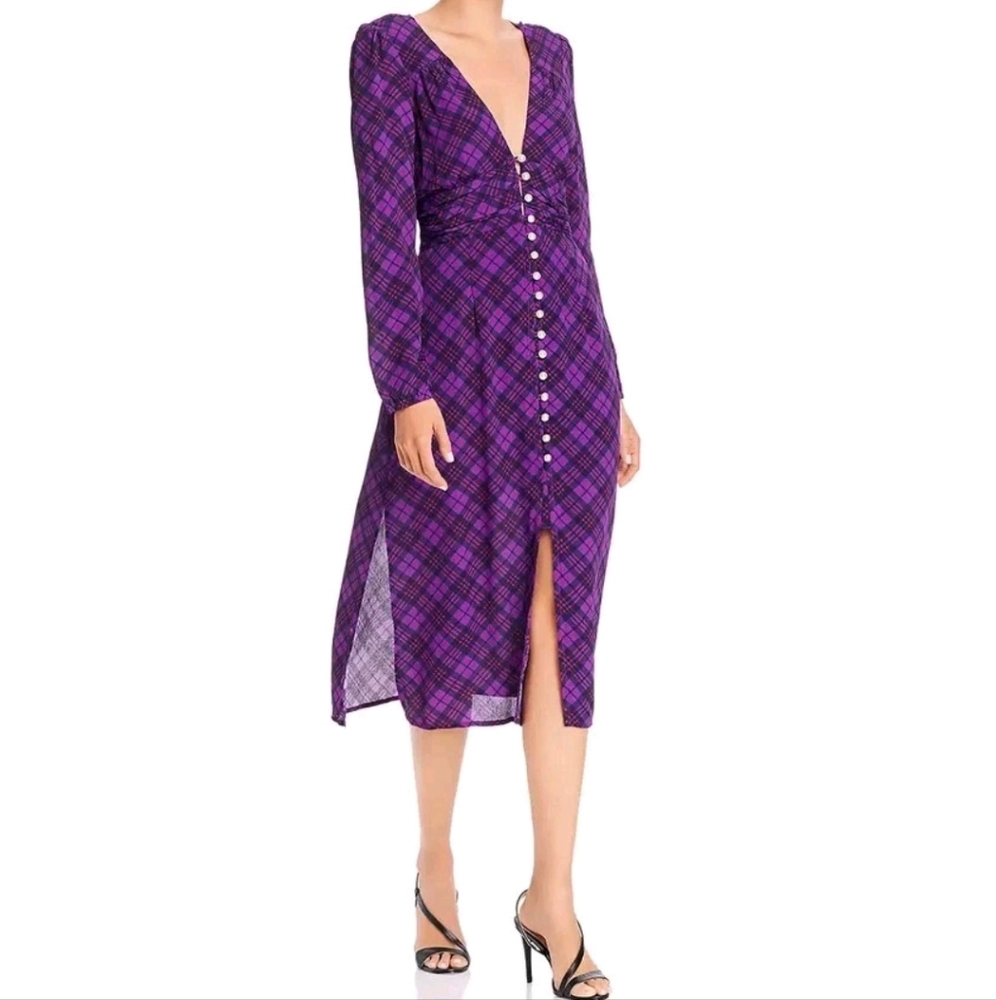 Rahi Trista Button Front Midi Dress M Purple Plaid NEW